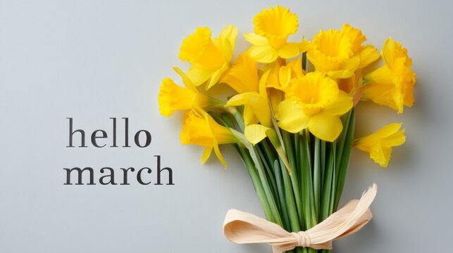 A cheerful bouquet of vibrant daffodils stands proudly against a soft backdrop. The message hello March adds a touch of springtime joy to the colorful arrangement, welcoming the new month