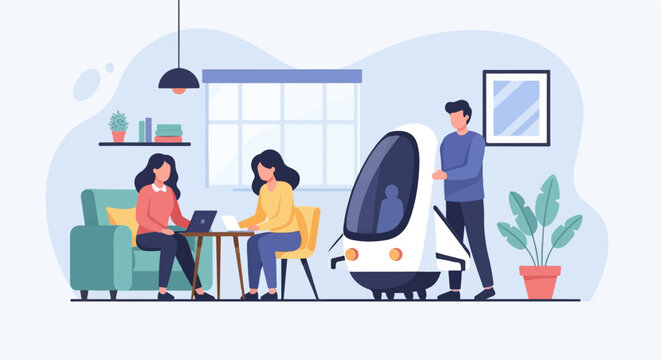 People working on laptops and a futuristic pod in a room