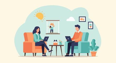 Fototapeta na wymiar People working on laptops at home with pets and plants