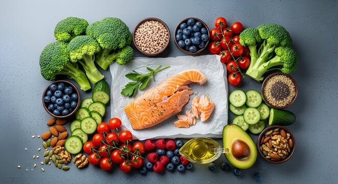 Nutritious Platter: Salmon Centered Amid Veggie Bowls
Colorful Health Board: Salmon, Greens, Fruits, and Nuts
All-Around Fresh: Salmon, Berries, Veggies and Grains