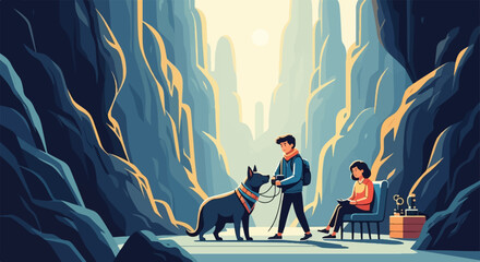 Person walks dog near seated companion in vast canyon with warm sunlight