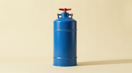 Obraz premium Blue Gas Cylinder with Red Valve Against a Cream Background for Energy or Industrial Concepts