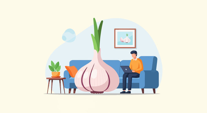 Person on sofa with giant garlic, plant and framed art