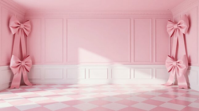 Elegant Pink Room Interior with Decorative Bows, Checkered Floor, and Soft Lighting for Product Display