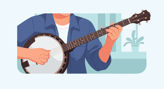 Person playing a banjo indoors near a window with a plant
