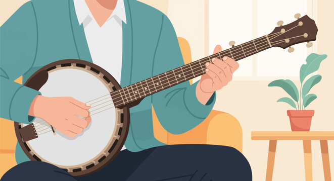 Person playing a banjo indoors on a couch next to a plant