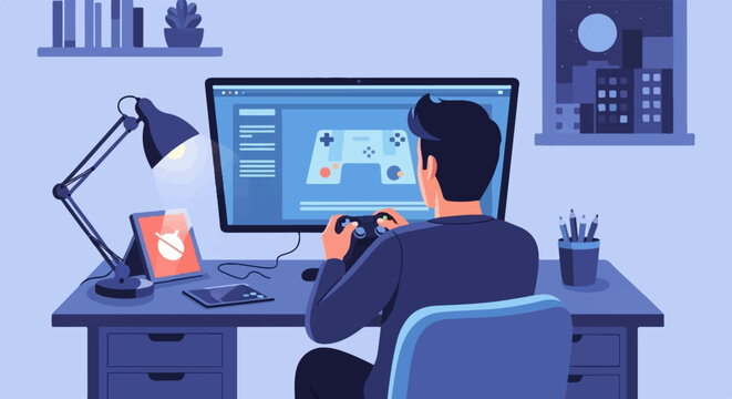 Person playing video games at desk with controller and computer at night