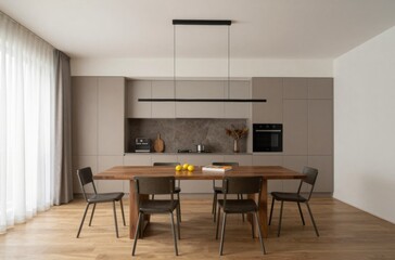 Fototapeta premium Modern kitchen interior featuring minimalist design, wooden table, stylish chairs, and sleek lighting in a spacious home