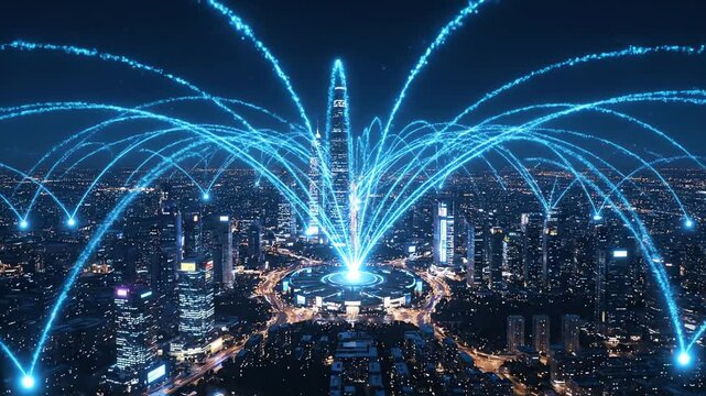 Central Data Hub Connecting Smart City Network at Night