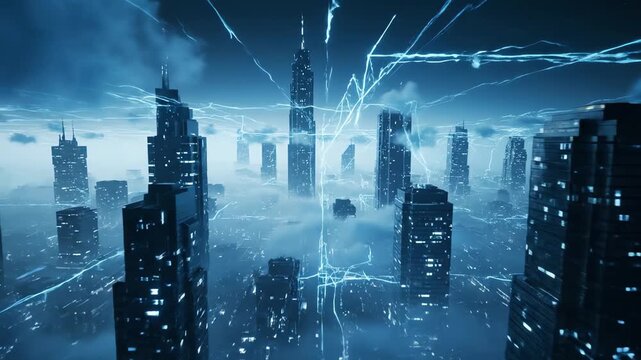 Cloud Computing Network Over Modern City Skyline