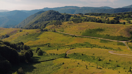 Obraz premium Tranquil sunny summer landscape with green fields and hills.