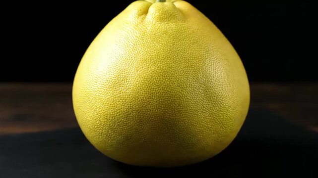 Close up studio photograph features a single, large, ripe pomelo fruit showcasing its textured, bumpy yellow rind against a stark black background emphasizing its natural beauty.