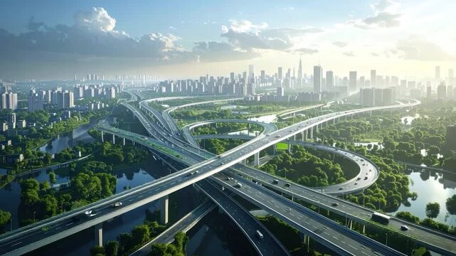 Aerial view of a modern city with complex highway interchanges and green spaces