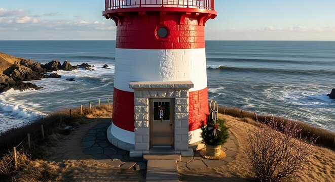 Coastal Red and White Lighthouse by the Ocean