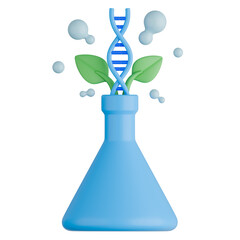 3D illustration featuring green leaves emerging from blue laboratory flask with DNA rising between foliage. Represents genetic modification in botany, sustainable biotechnology research.