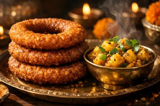 Crispy Nepalese Sel Roti with Spicy Potato Curry Breakfast