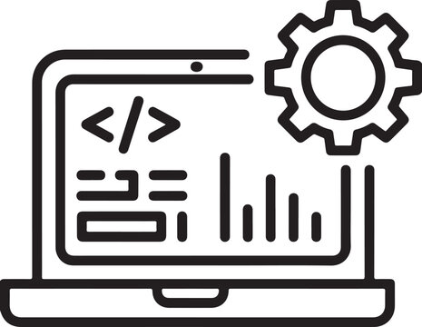 Black line of laptop with coding symbols and gear on screen computer programming