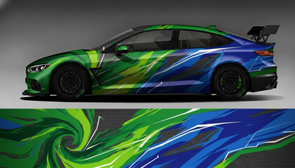 Side view of a high-performance sports car with a dynamic green and blue abstract graphic vinyl wrap design, showcasing a modern racing aesthetic. © DB stock