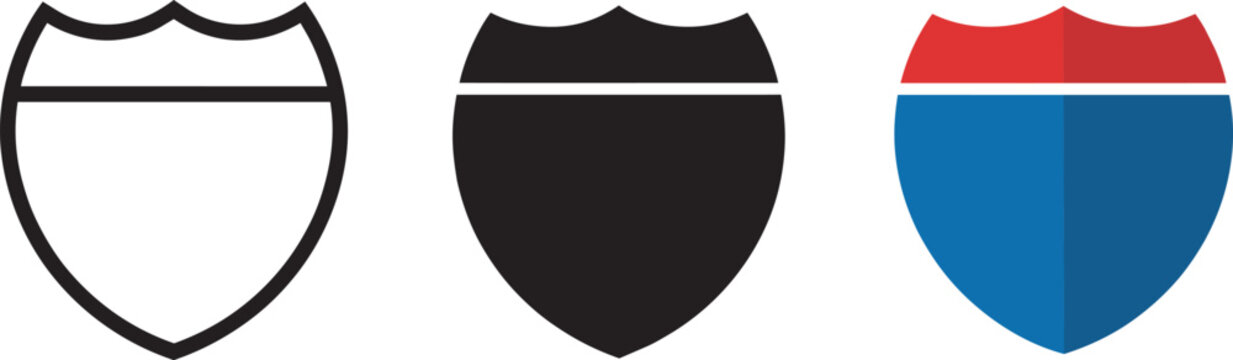 Interstate highway shield signs in outline black filled and colored versions for road mapping