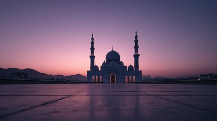 Grand Mosque Silhouette at Sunset with Cinematic Sky Gradient. Mosque Exterior Dusk Symmetry Warm Horizon
