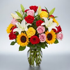 Obraz premium Colorful Bouquet of Roses Sunflowers Lilies in Glass Vase on Table