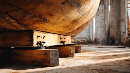 chock. A large wooden support holding a boat hull in a shipyard. safety posters, maintenance manuals, designed for precision metalworking and fabrication facilities, used by engineers.