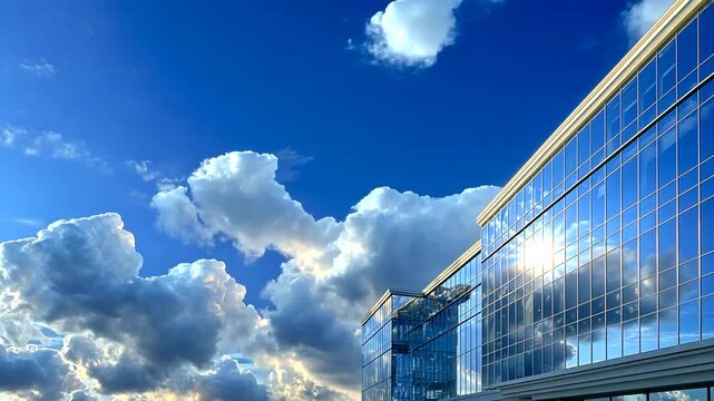 Modern glass building reflecting dramatic clouds under a vibrant blue sky