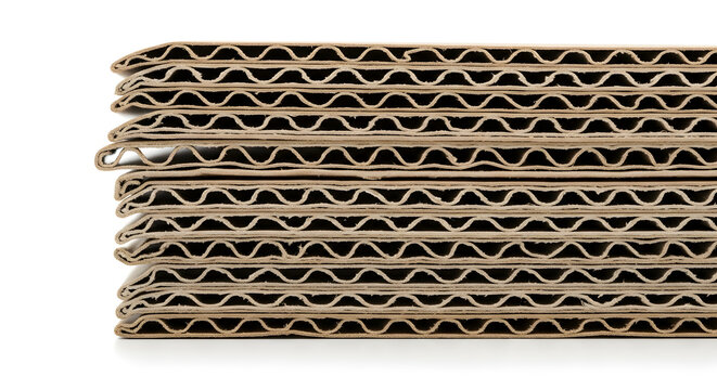 Close-up side view of stacked brown corrugated cardboard sheets showing the fluted layers.