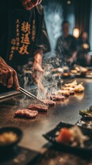 Obraz premium Chef's hands turning premium beef slices on a hot griddle with tongs. Focusing on the cooking process and culinary experience