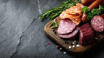 Assorted deli meats with herbs on rustic wooden board