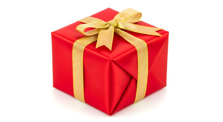 Obraz premium A vibrant red gift box with a shiny gold ribbon and bow, isolated on a clean white background, ready for a special occasion.