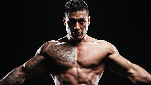 Muscular man with arms raised and lowered, showcasing strong physique and fitness against a dark background