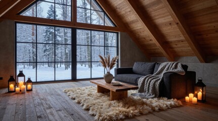 Naklejka premium Cozy Winter Cabin Interior with Fireplace, Large Window View, and Natural Wooden Architecture