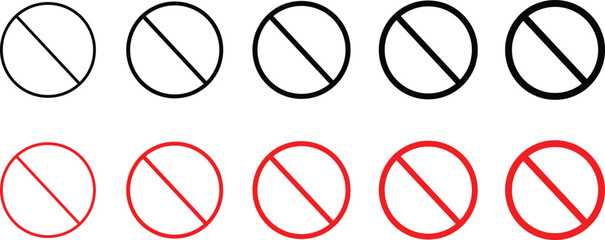 Prohibited Sign Icons Set, No Entry and Forbidden Symbol Collection, Black and Red Circle Slash Warning Signs Editable Vector © maxhabibullah001