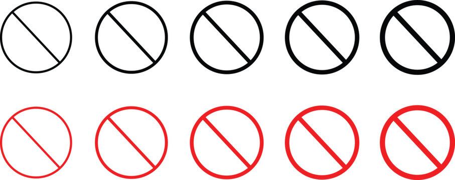 Prohibited Sign Icons Set, No Entry and Forbidden Symbol Collection, Black and Red Circle Slash Warning Signs Editable Vector
