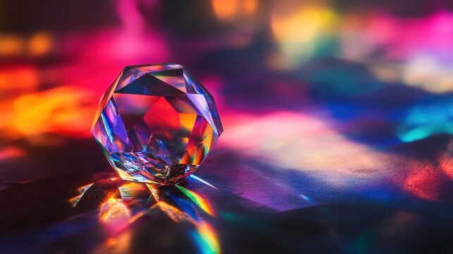 icosahedron. A crystal icosahedron refracting rainbow light on a dark background, clean composition. STEM education sheets.