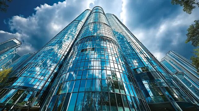 Modern glass skyscrapers reflect blue sky and clouds, reaching skyward