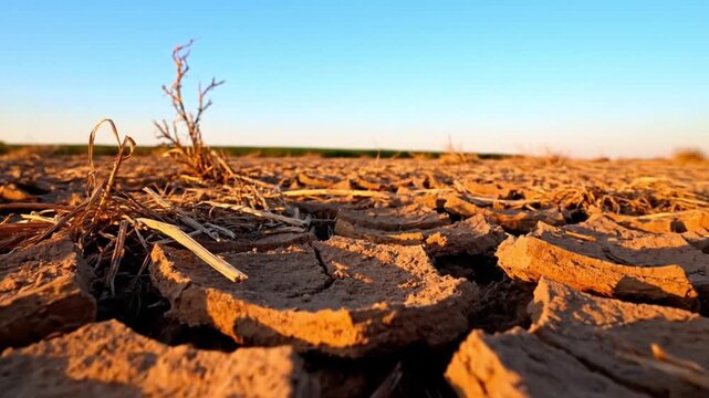 Extreme Close-Up of Dry and Cracked Soil in a Deserted Field Symbolizing Drought and Global Warming Effects