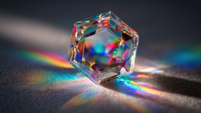 icosahedron. A crystal icosahedron refracting rainbow light on a dark background, clean composition. STEM education sheets.