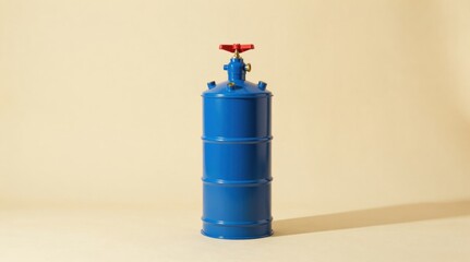 Obraz premium Blue Industrial Gas Cylinder with Red Valve Isolated on Beige Backdrop, Minimalist Clean Studio Shot