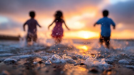 Fototapeta premium Children playing in the water during sunset at the beach in summer