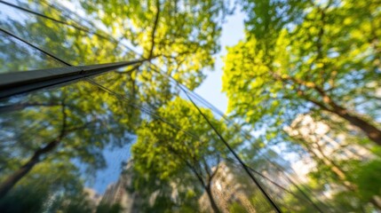 Obraz premium Reflection of trees in a building's glass facade in a city park