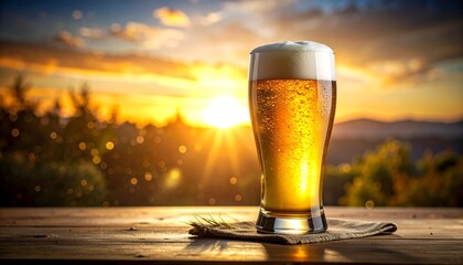 A glass of beer on a table at sunset.