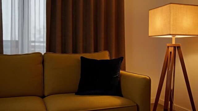Warm interior design with modern floor lamp and comfortable sofa