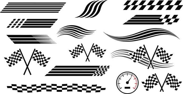 Racing checkered flags speed lines and speedometer graphic elements racing flag abstract