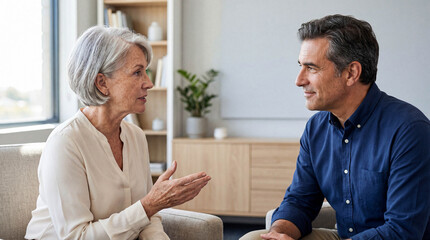Obraz premium Senior woman in cream blouse speaking with a middle-aged man in a blue shirt in a bright office.