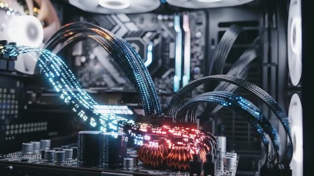 Close-up of a high-performance gaming PC graphics card with vibrant RGB lighting showcasing intricate components and modern technology for esports enthusiasts