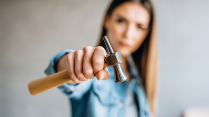 Woman confidently holds a hammer, ready to tackle home improvement projects. A determined woman takes charge of DIY tasks, embodying self-reliance and female empowerment