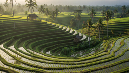 Expansive green rice terraces in Bali with layered steps and irrigation channels, fresh morning dew on the leaves