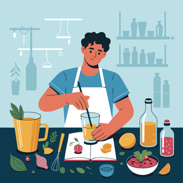 Beverage Specialist Creating New Recipe

A flat vector illustration of a beverage specialist creating a new drink recipe. Notebook, ingredients, and mixing tools visible. 